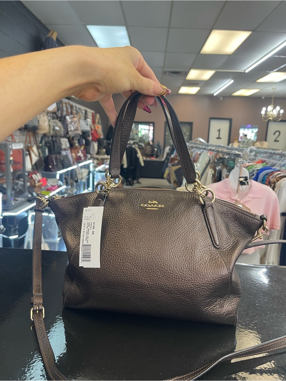 Coach Pebbled Leather Satchel in Dark Brown with Gold Hardware